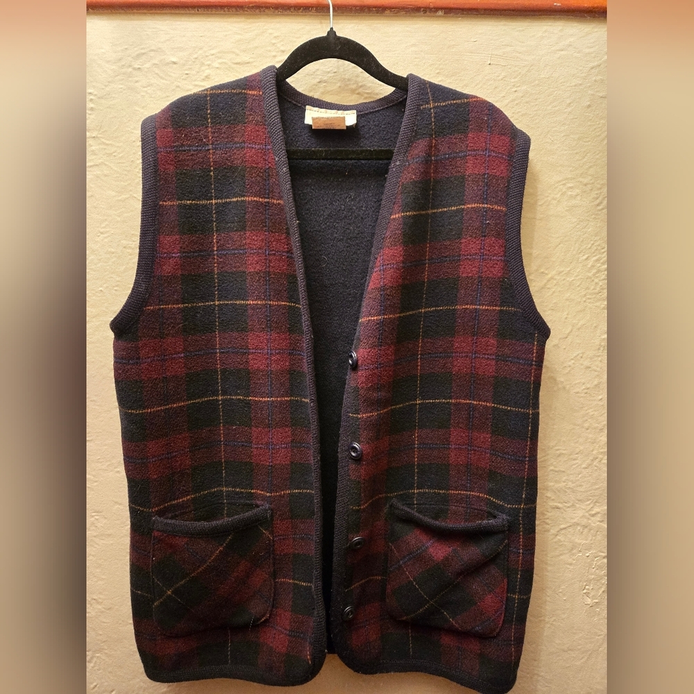 Tribal Plaid Fleece Vest Wool Blend Vintage Style Red Black Outdoor Vest M - Picture 5 of 8
